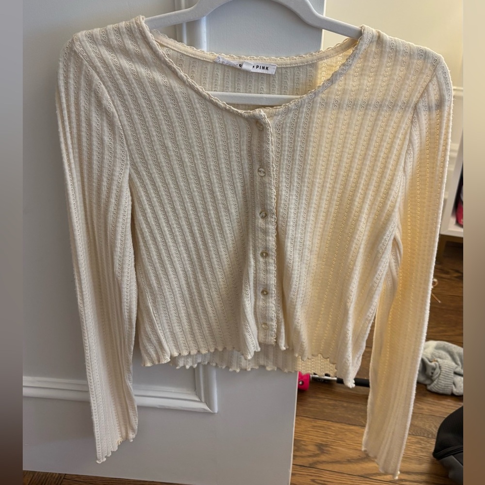 Celebrity Pink Ivory Ribbed Button-Front Cropped Cardigan